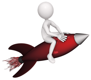 Morph man accelerates away on a rocket